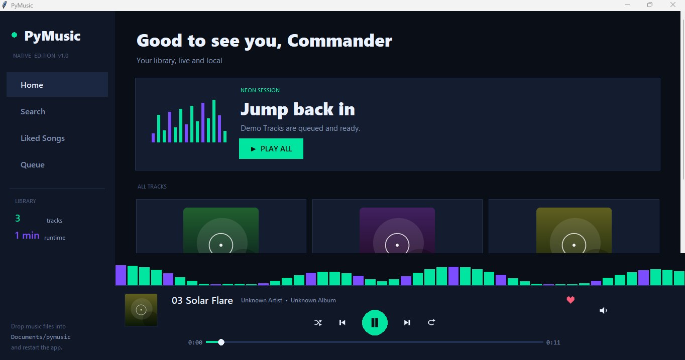 PyMusic home view with album cards, live visualizer and playback bar